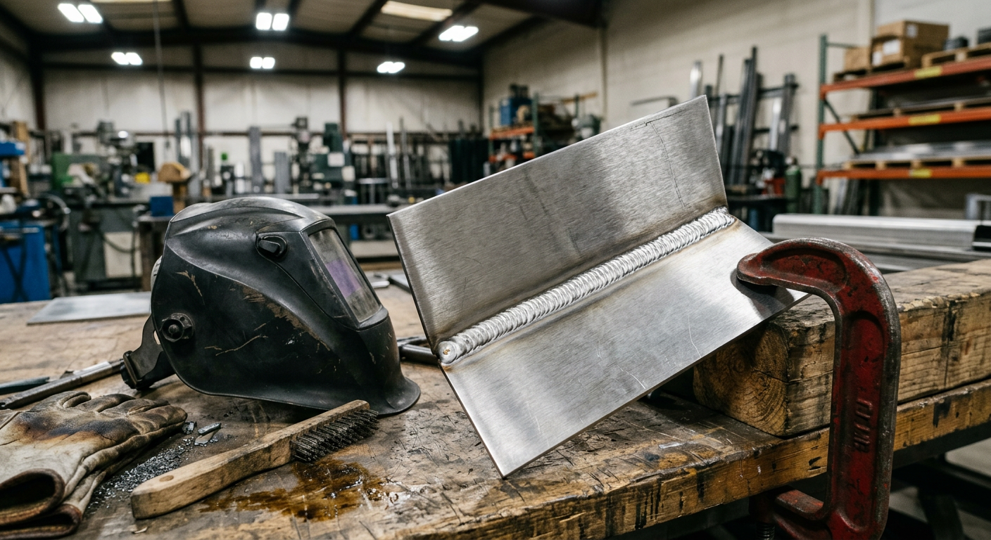 Clean weld bead on a steel plate beside a welding helmet on a workbench